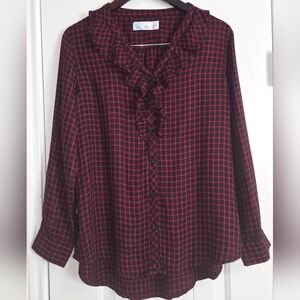 Time And Tru Red & Black Plaid Ruffle Blouse Size Large